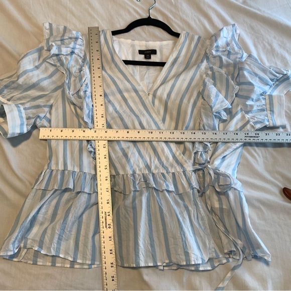 J Crew Womens 2X XXL Blue White Wrap Top Blouse Stripe Ruffle Tie Cotton - Picture 7 of 10